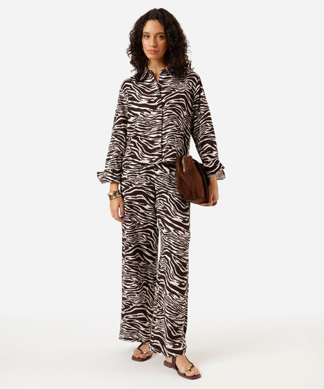 calça wide leg feminina com linho animal print bege