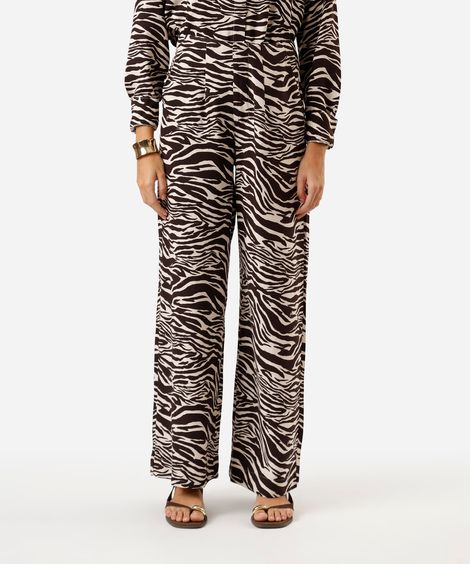 calça wide leg feminina com linho animal print bege