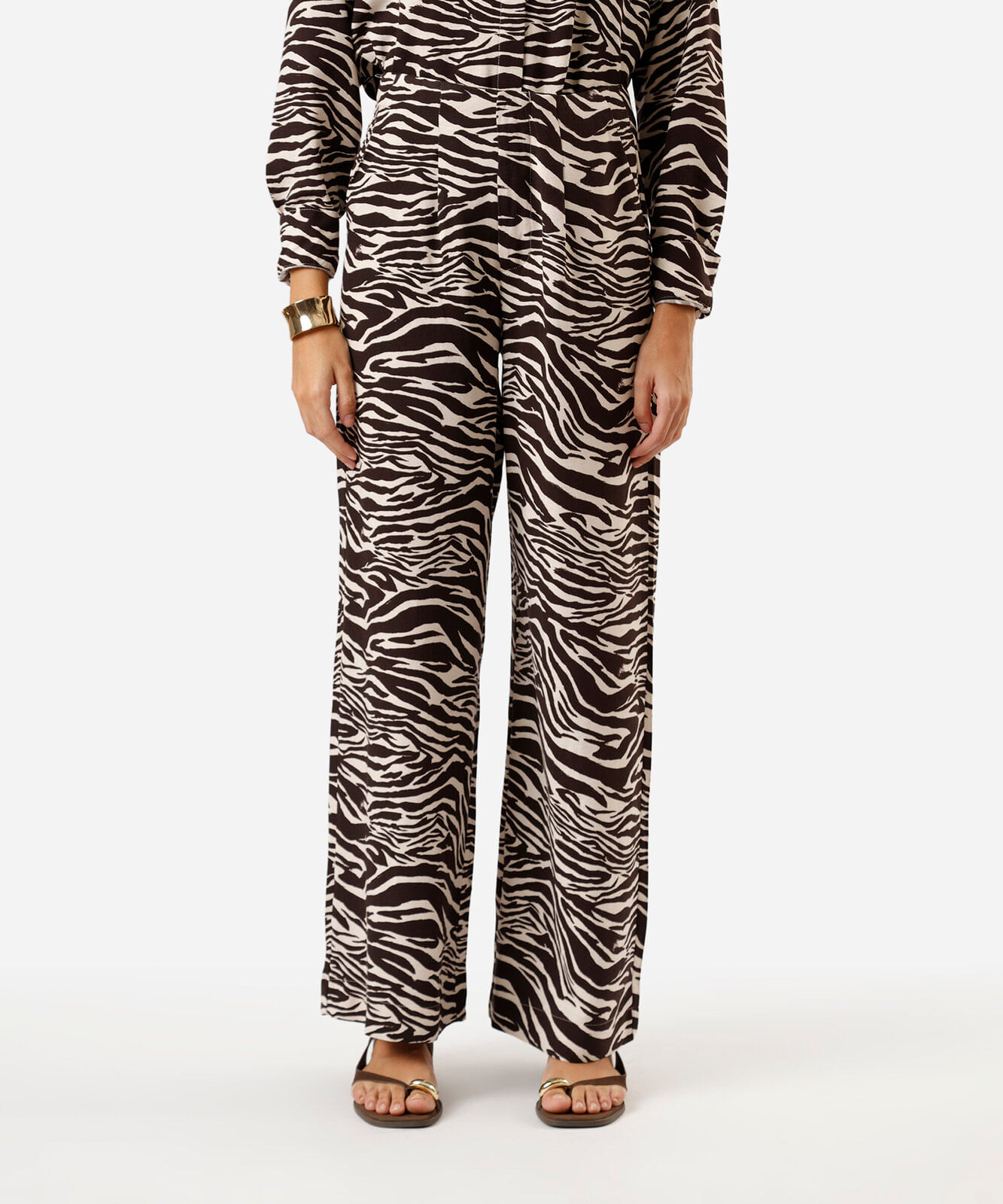 calça wide leg feminina com linho animal print bege