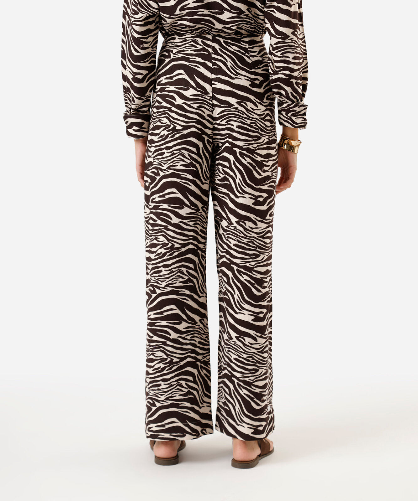 calça wide leg feminina com linho animal print bege