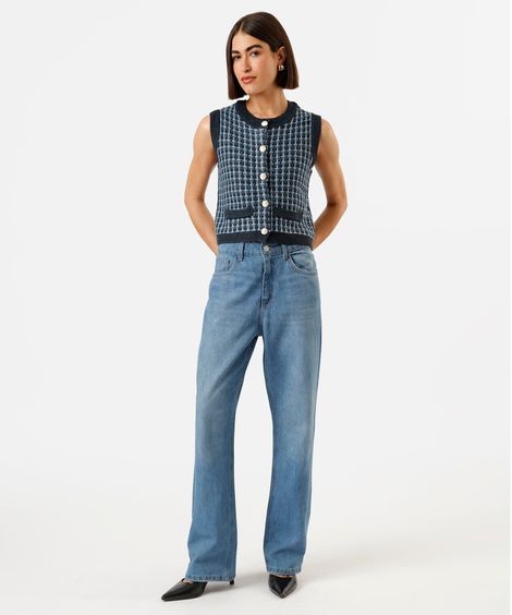 calça reta feminina jeans cintura alta azul