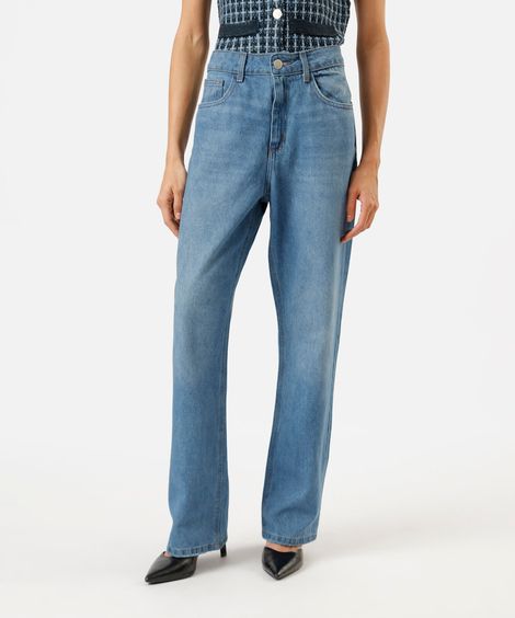 calça reta feminina jeans cintura alta azul