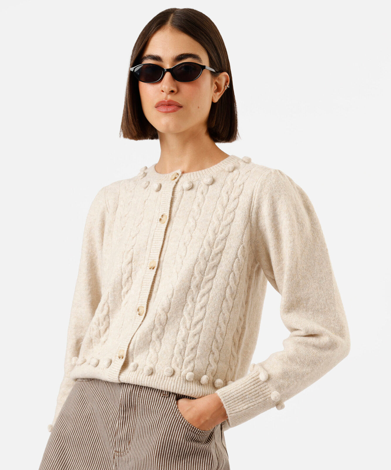 cardigan feminino de tricot texturizado bege
