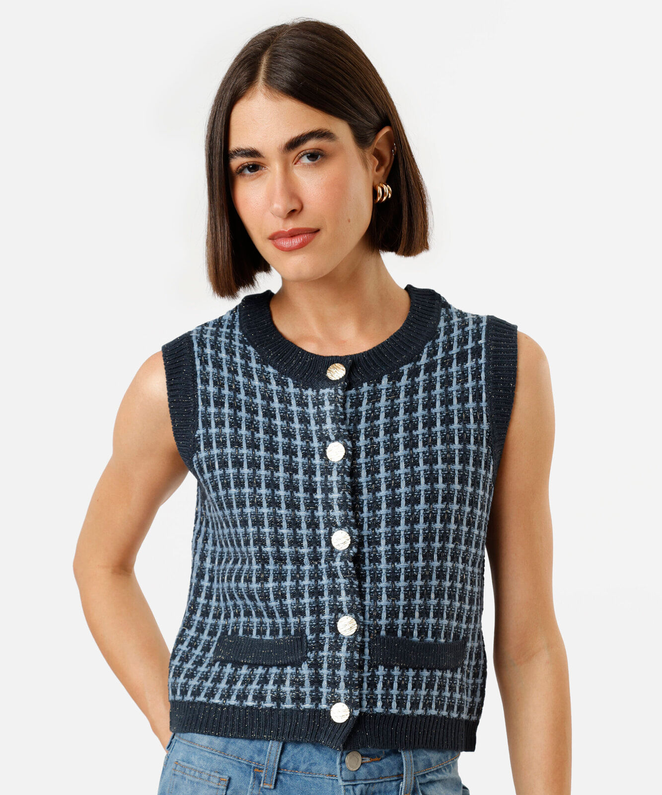 colete feminino de tricot com lurex texturizado azul