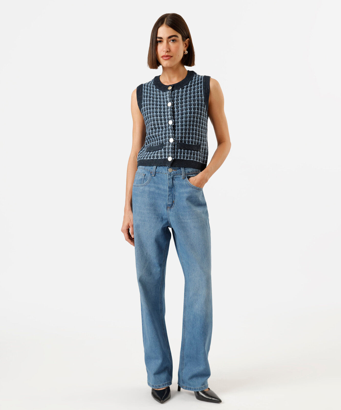 colete feminino de tricot com lurex texturizado azul