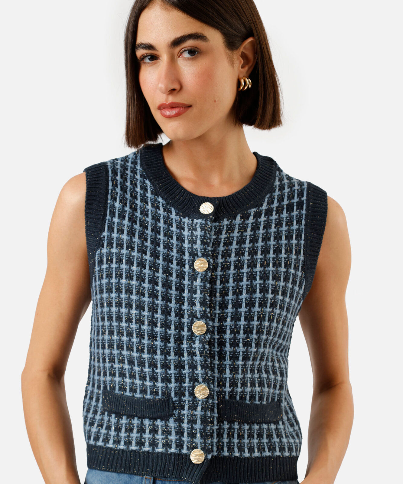 colete feminino de tricot com lurex texturizado azul