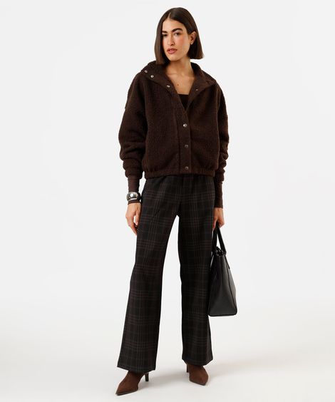 calça wide leg feminina cós elástico xadrez preta