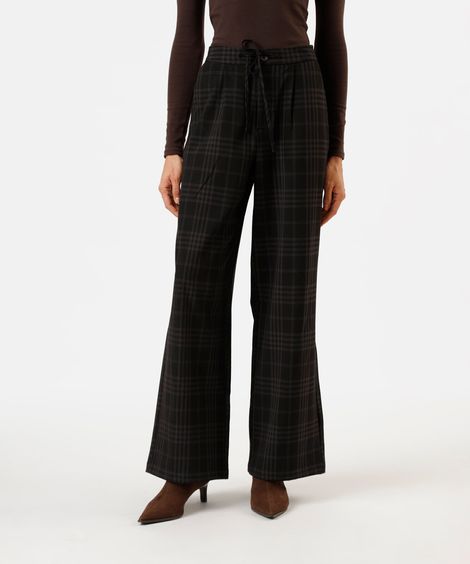 calça wide leg feminina cós elástico xadrez preta