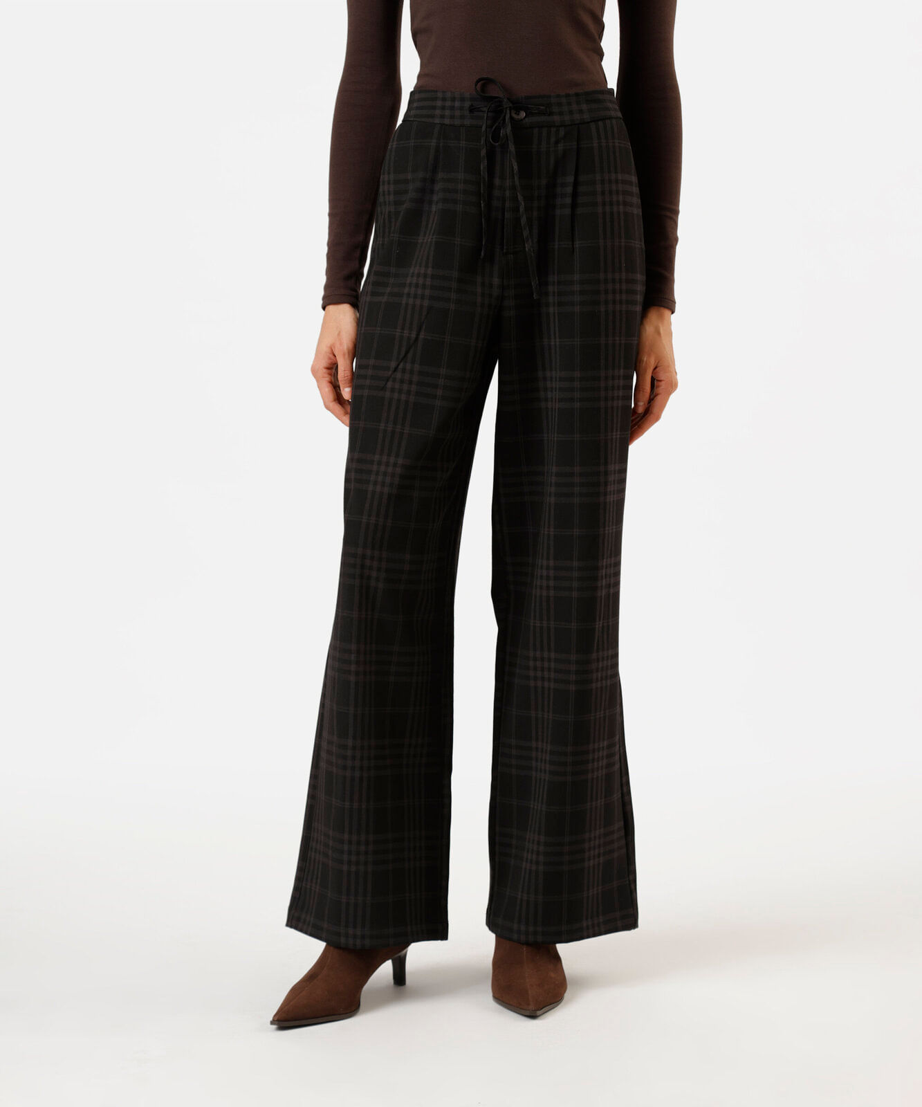 calça wide leg feminina cós elástico xadrez preta