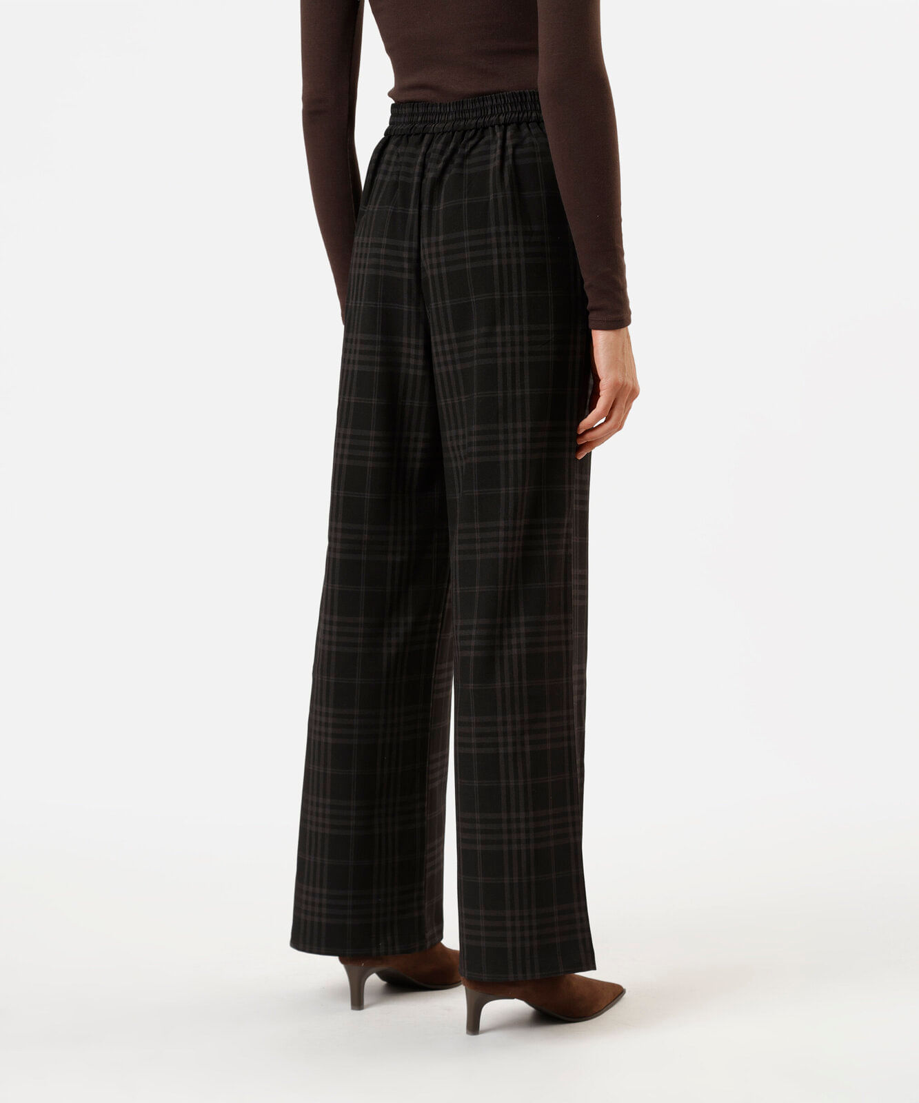 calça wide leg feminina cós elástico xadrez preta