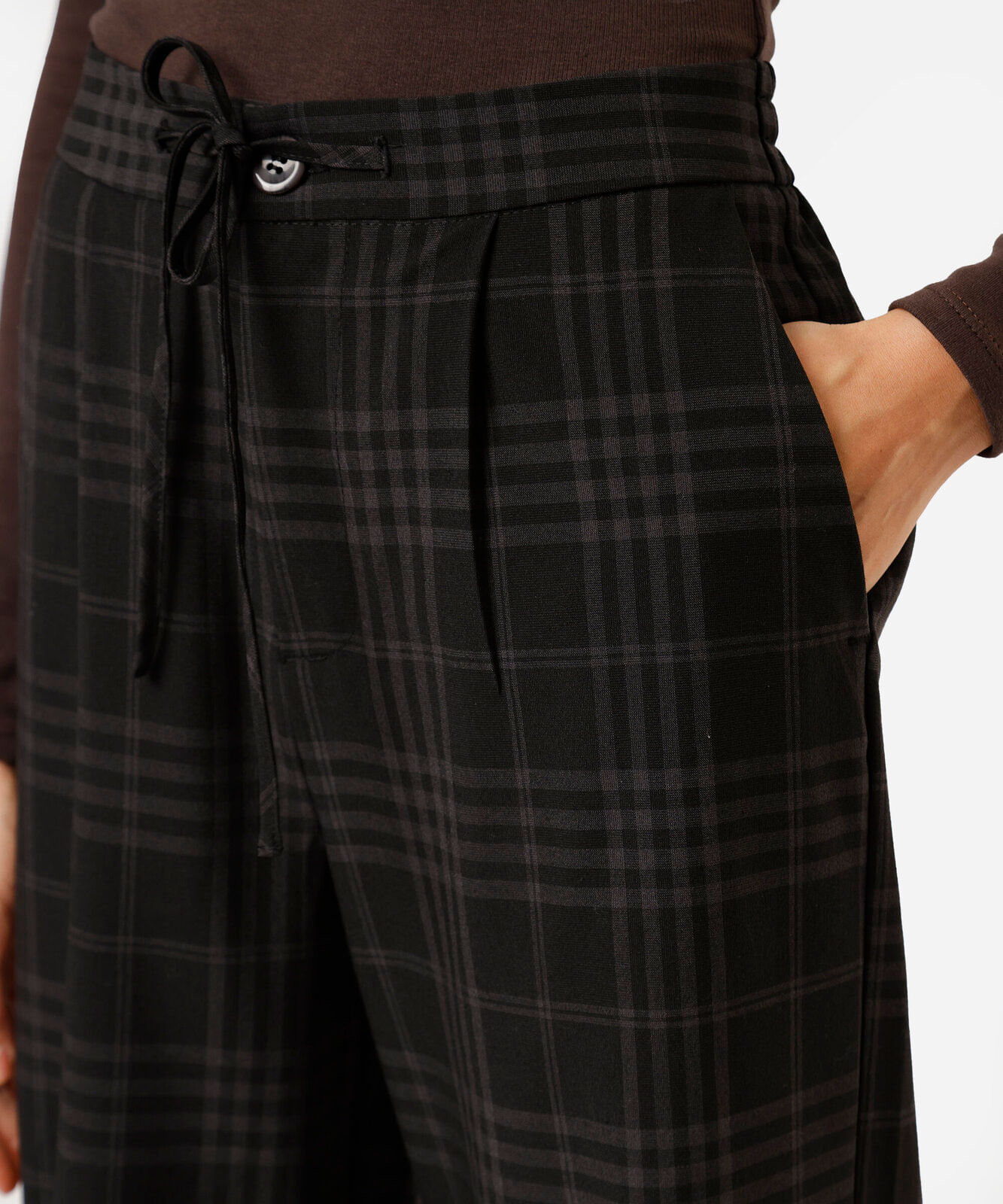 calça wide leg feminina cós elástico xadrez preta
