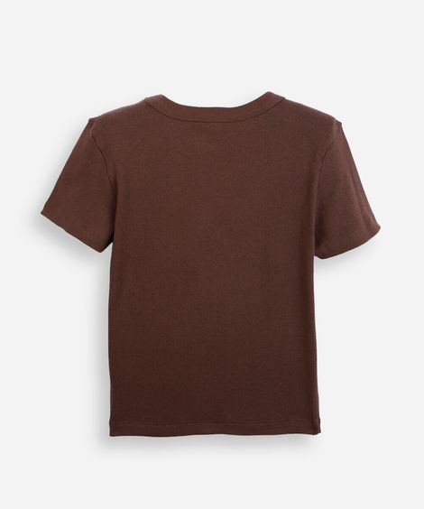 camiseta baby look juvenil de algodão com bordado snoopy marrom