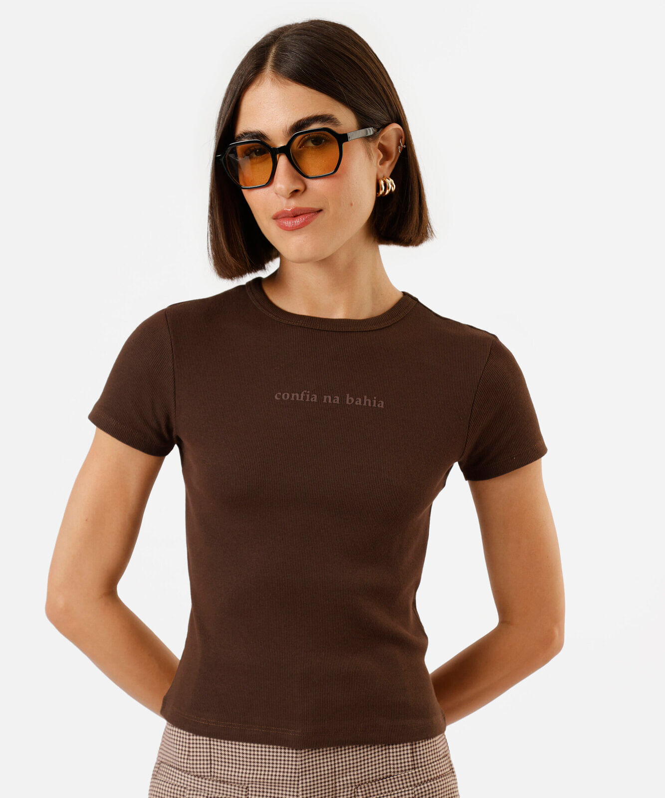 blusa feminina de algodão estampada canelada marrom