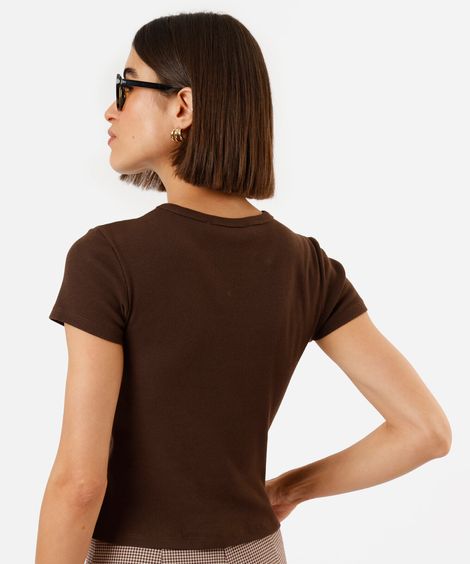 blusa feminina de algodão estampada canelada marrom