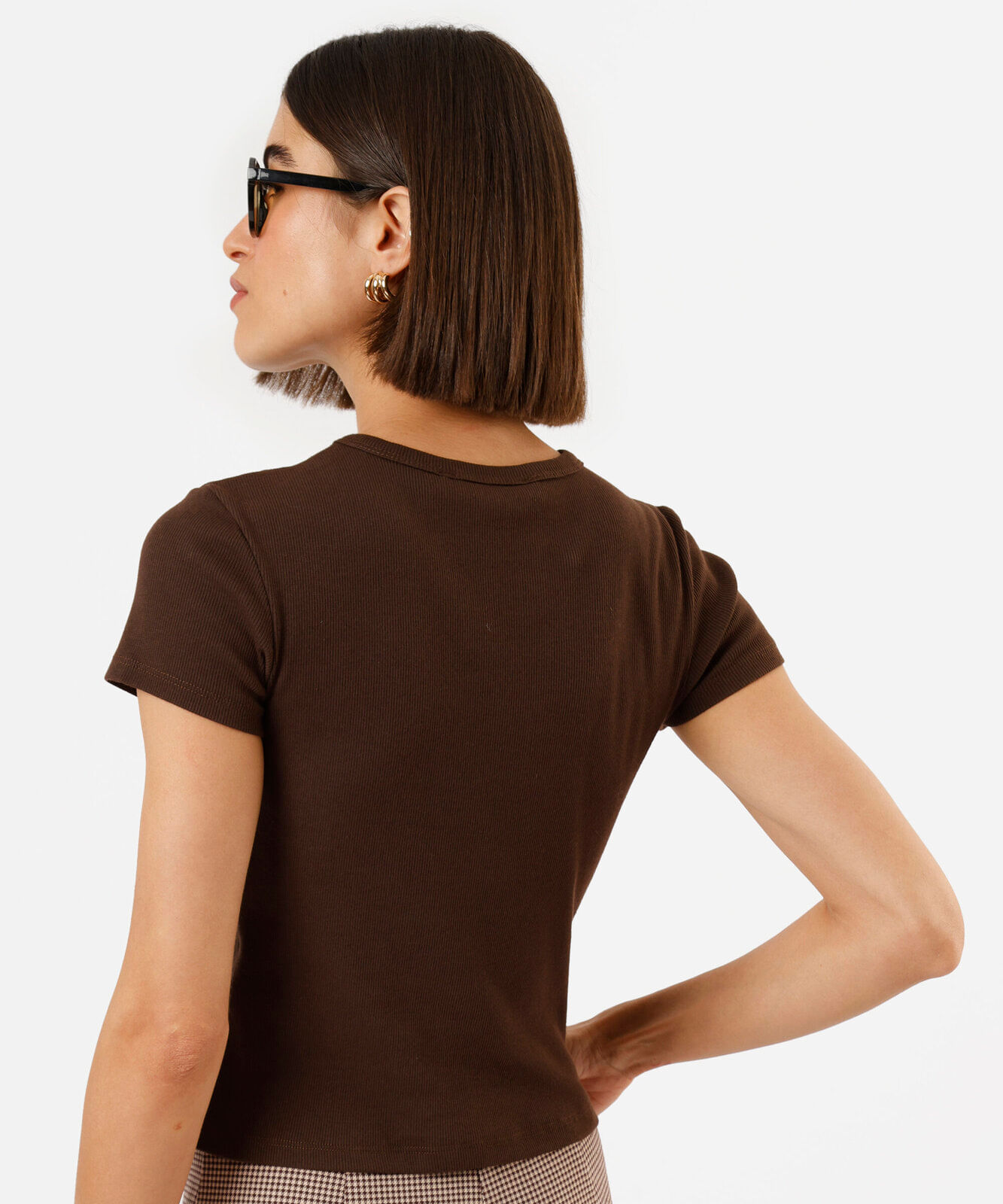 blusa feminina de algodão estampada canelada marrom