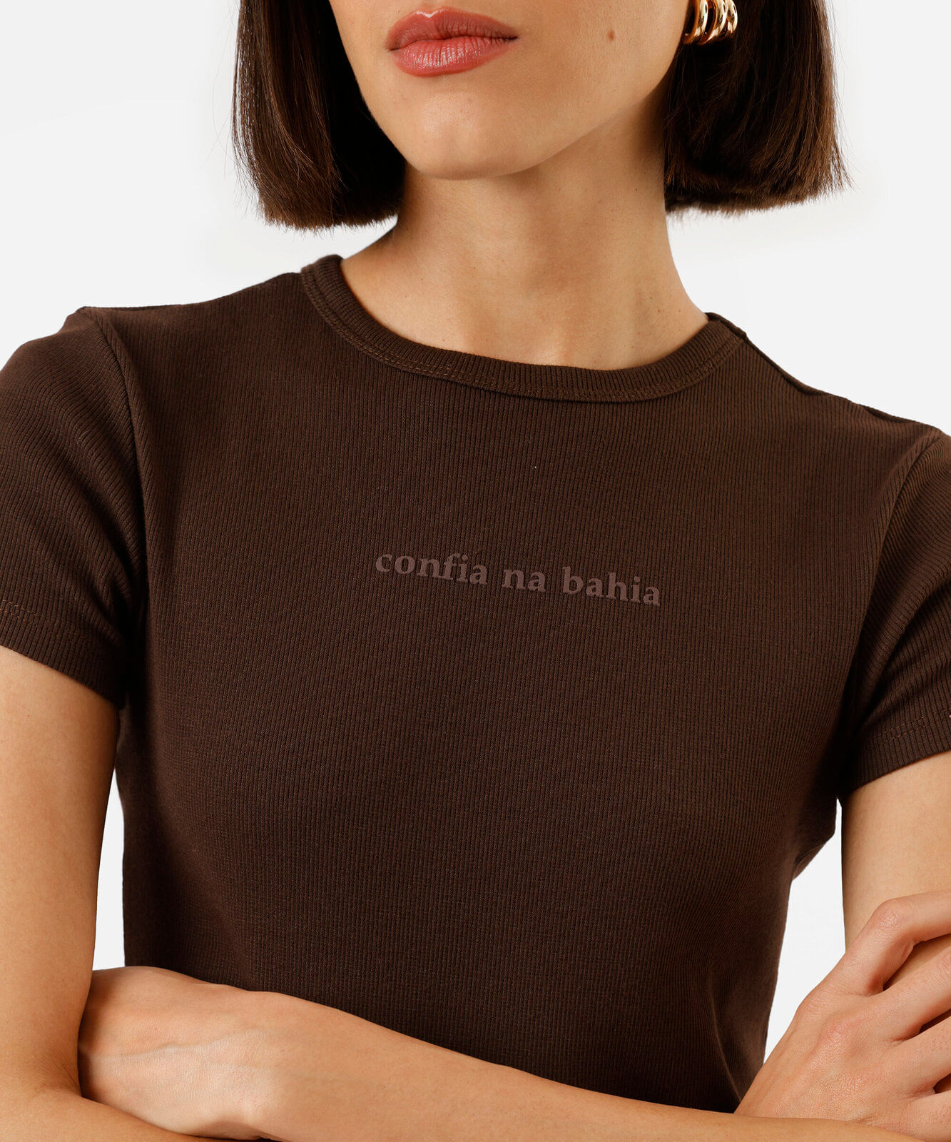 blusa feminina de algodão estampada canelada marrom