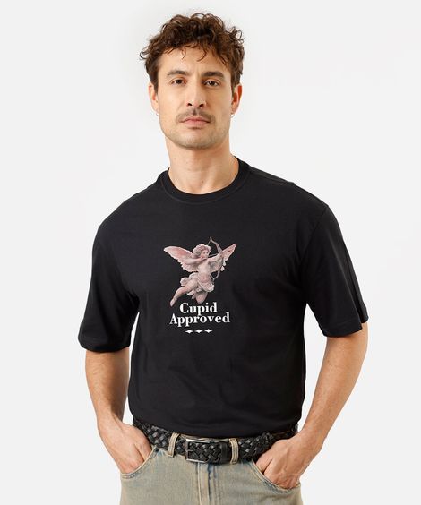 camiseta masculina de algodão manga curta estampada preta
