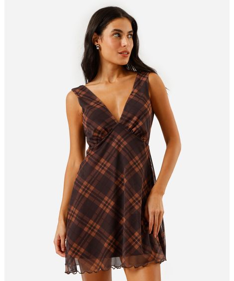 vestido curto feminino de tule decote v xadrez marrom