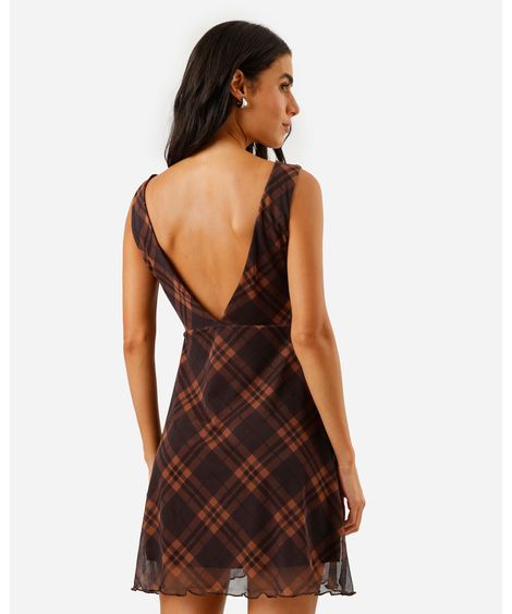 vestido curto feminino de tule decote v xadrez marrom