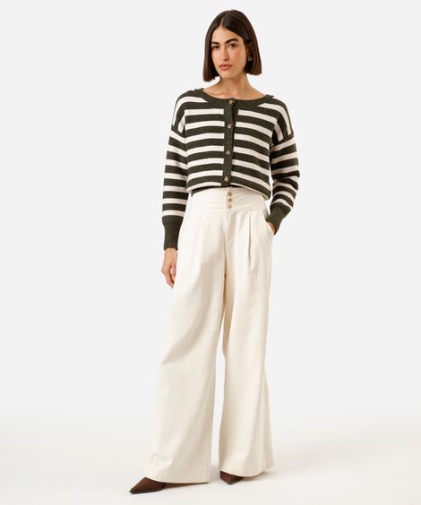 calça pantalona de sarja com pregas bege