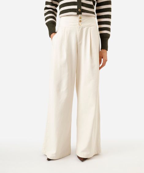 calça pantalona de sarja com pregas bege