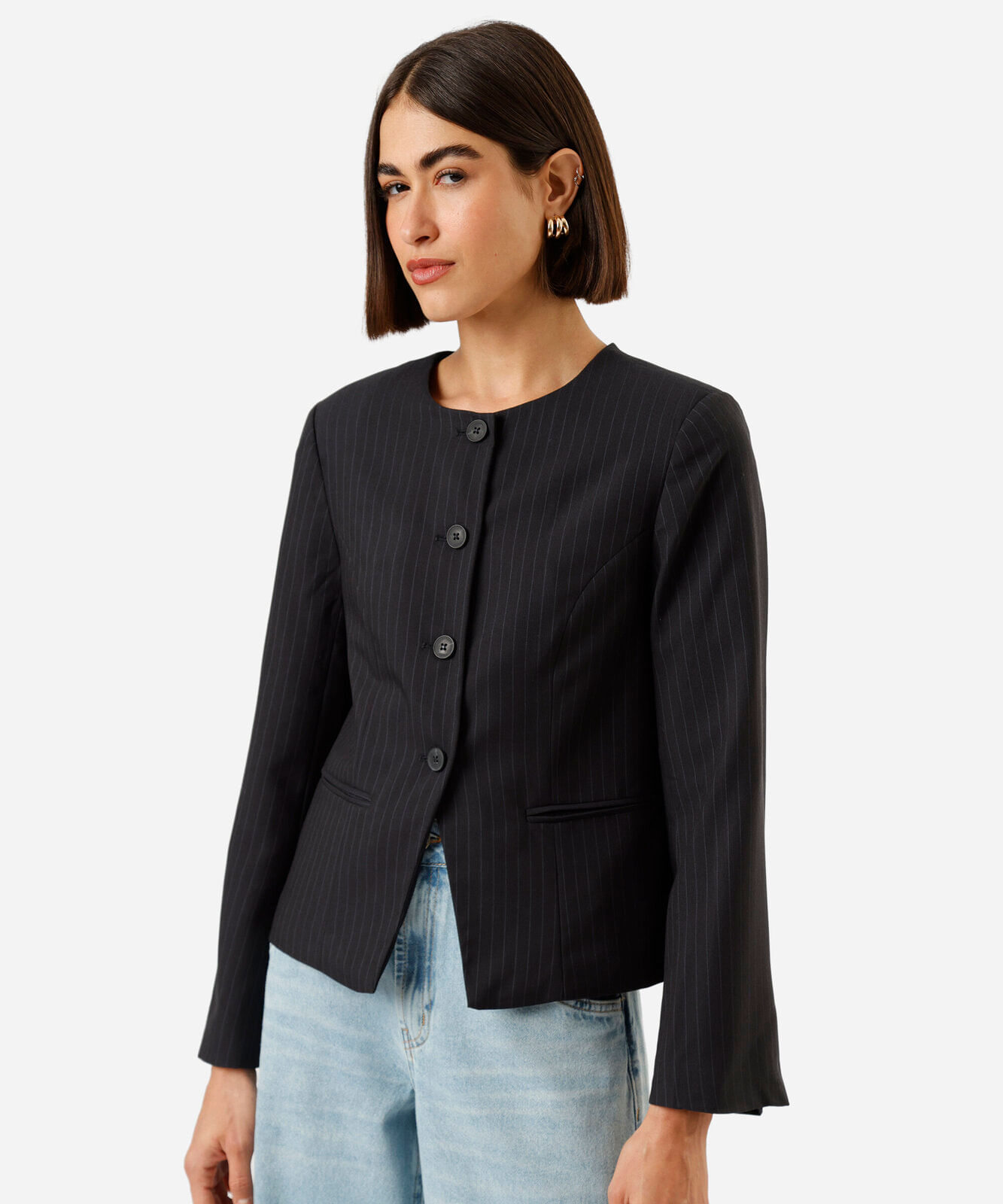blazer de alfaiataria feminino risca de giz azul