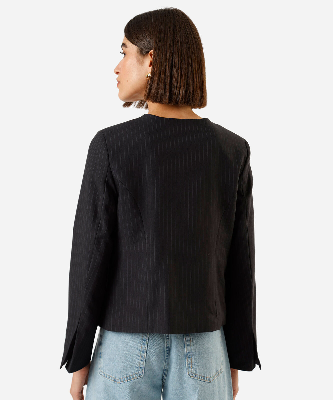 blazer de alfaiataria feminino risca de giz azul