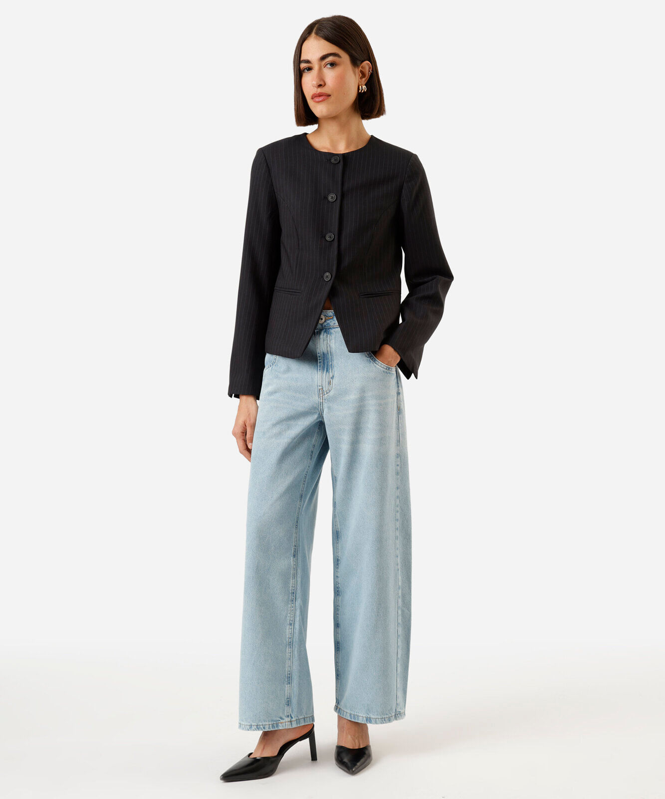 blazer de alfaiataria feminino risca de giz azul