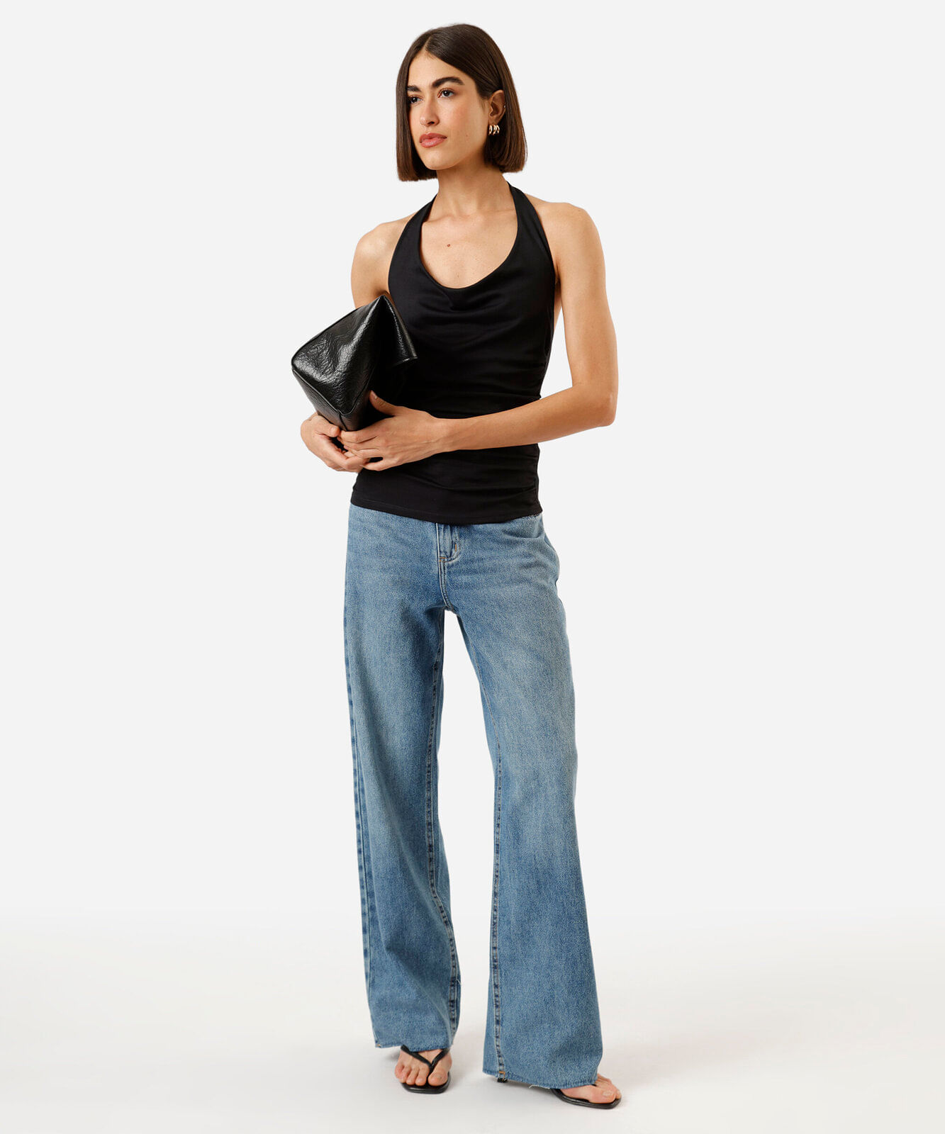 calça jeans wide leg slim cintura alta azul