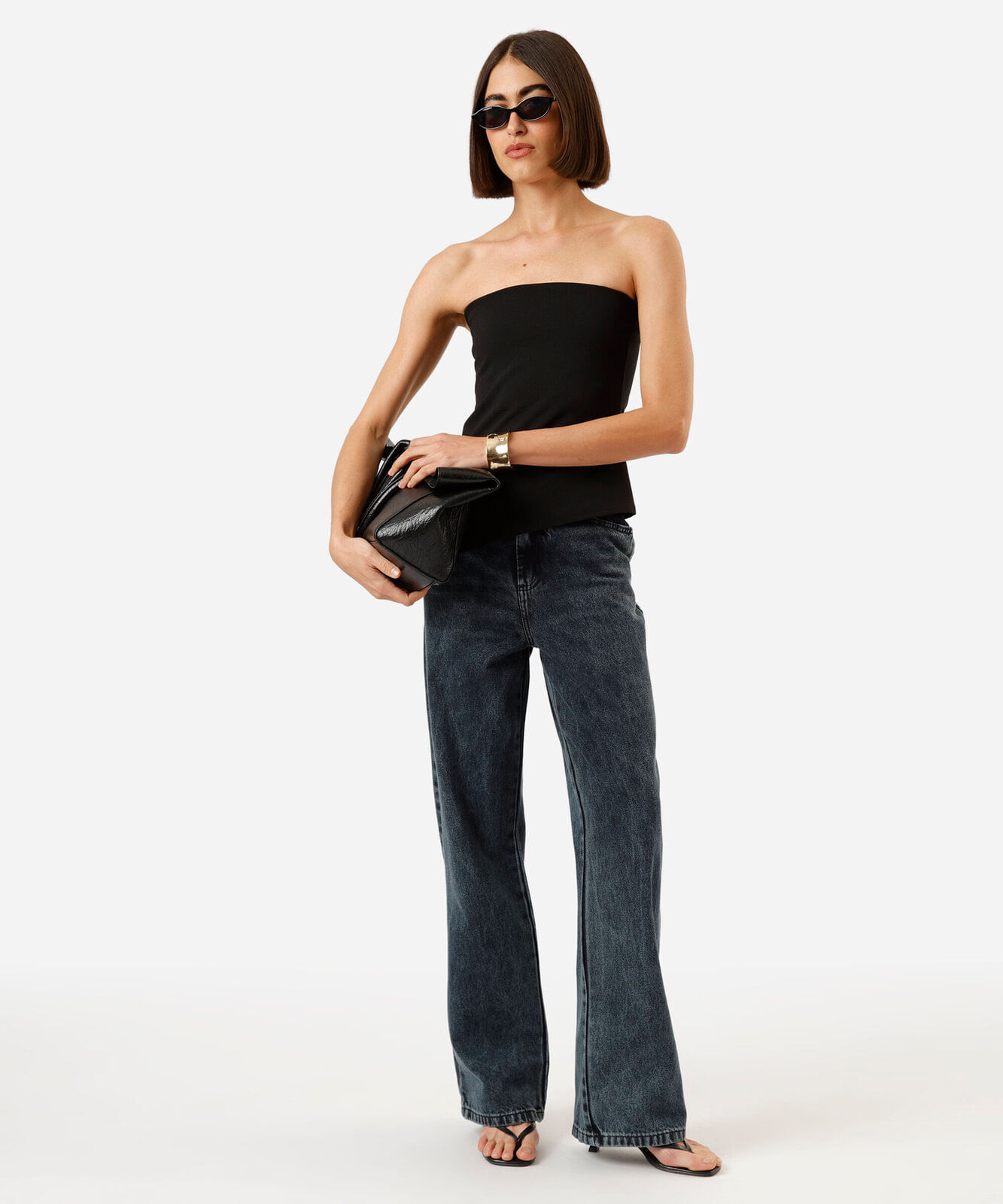 calça jeans wide leg slim cintura alta preta