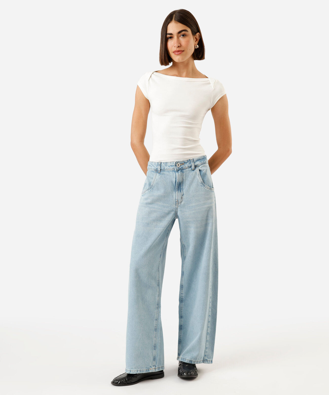 calça jeans oversized cintura média azul