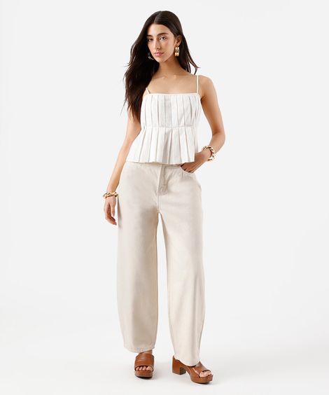 calça baggy feminina de sarja cintura ajustável bege