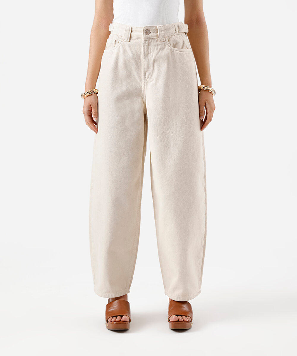 calça baggy feminina de sarja cintura ajustável bege