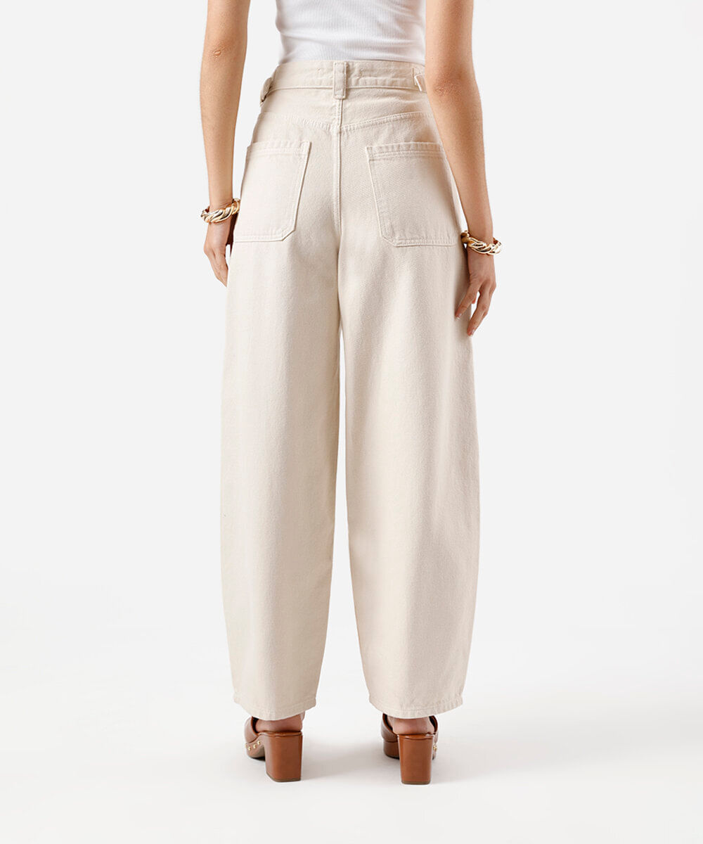 calça baggy feminina de sarja cintura ajustável bege