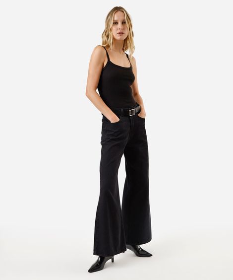 calça jeans wide leg cintura super alta preta