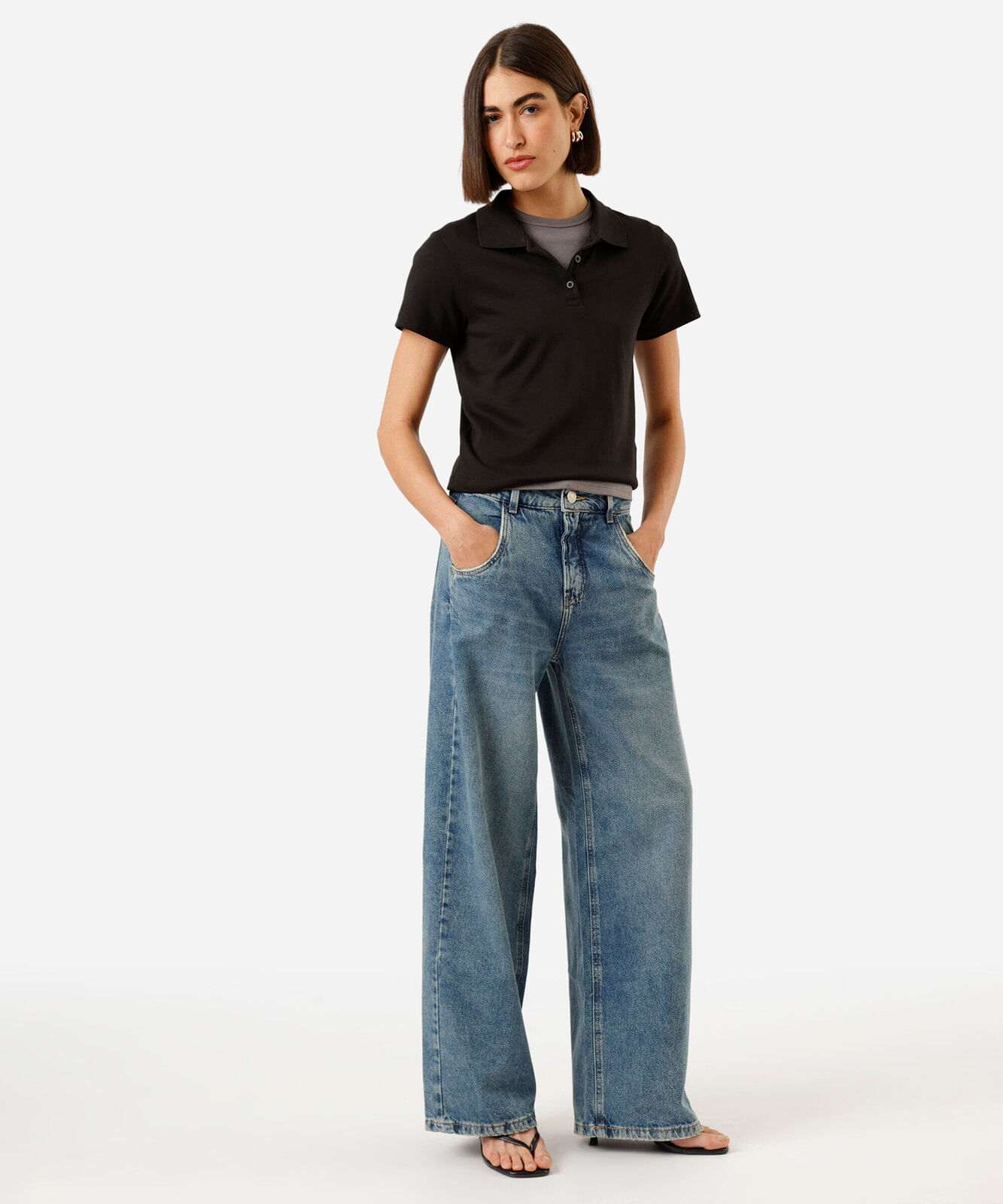 calça wide leg oversized jeans cintura média azul