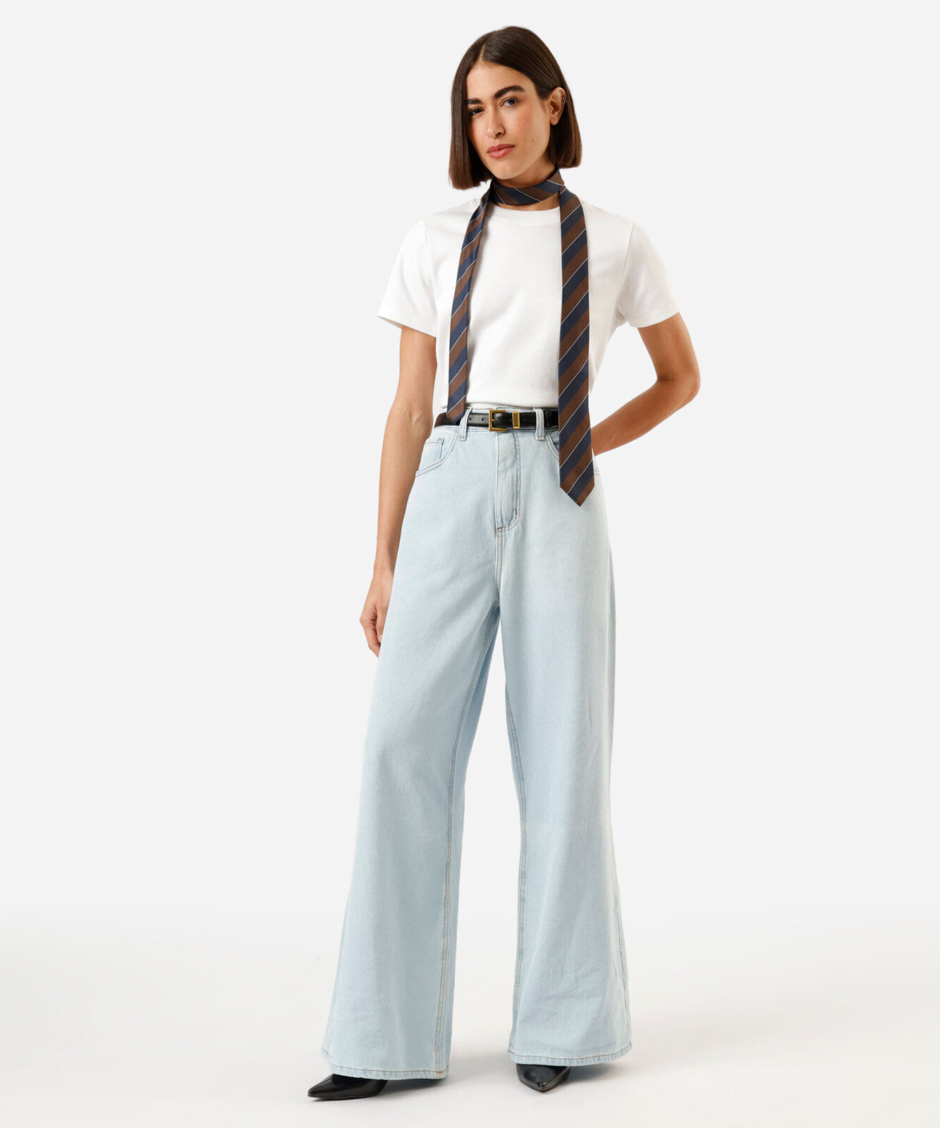 calça wide leg jeans feminina cintura alta azul
