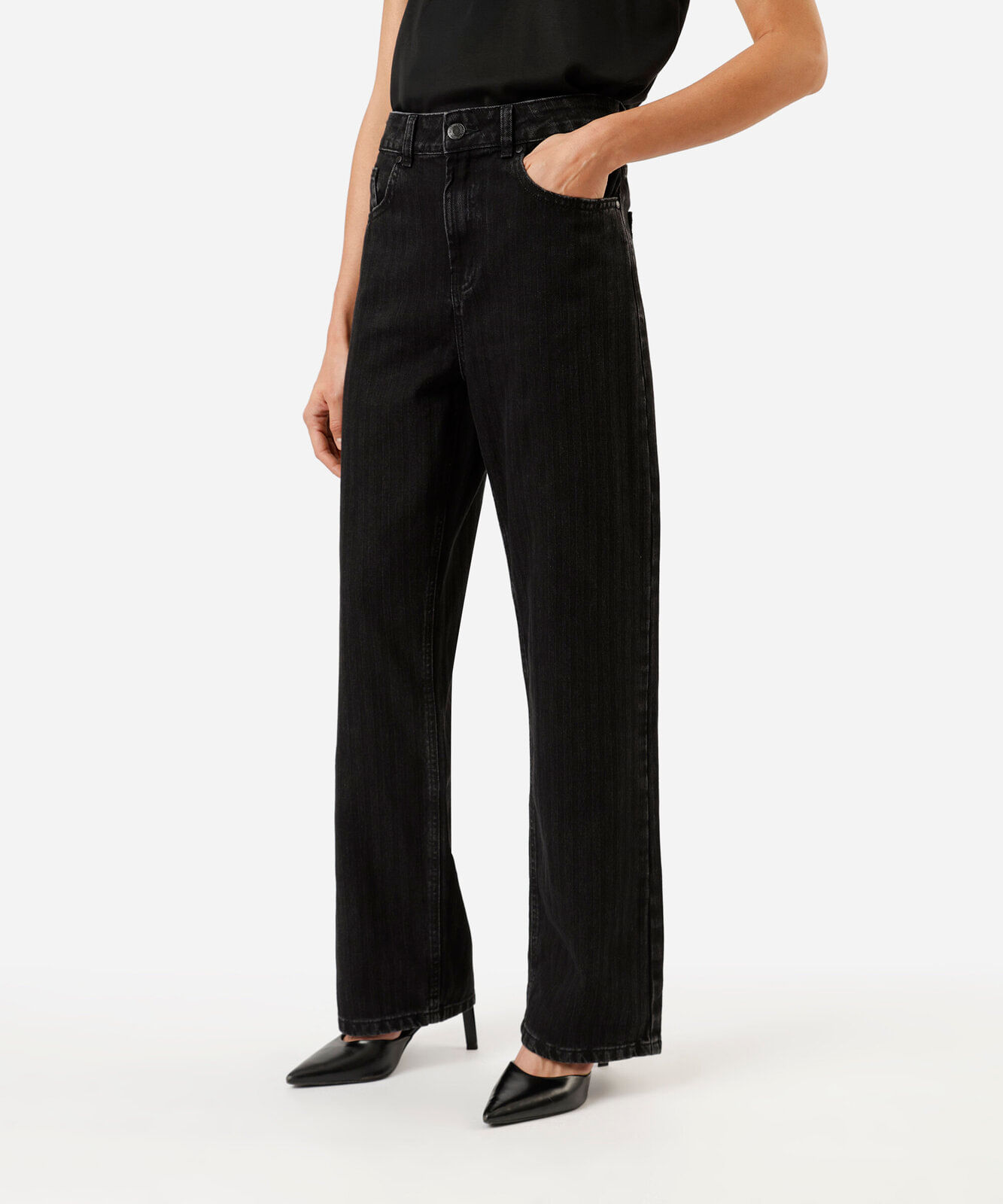 calça wide leg slim feminina jeans cintura alta texturizada preta