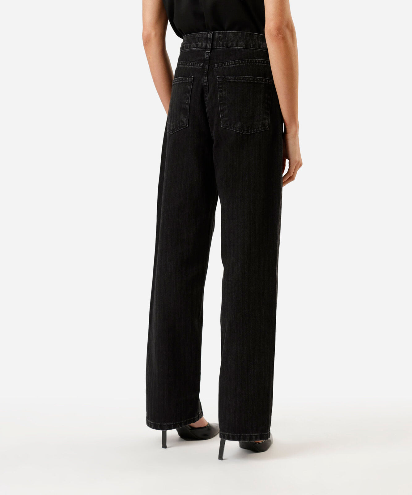 calça wide leg slim feminina jeans cintura alta texturizada preta
