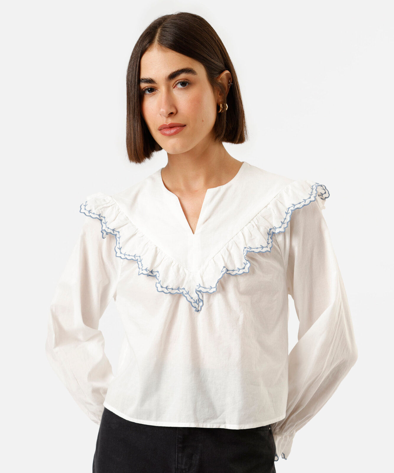 bata feminina de algodão com babados manga longa off white