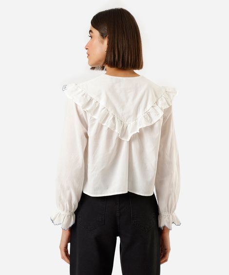 bata feminina de algodão com babados manga longa off white