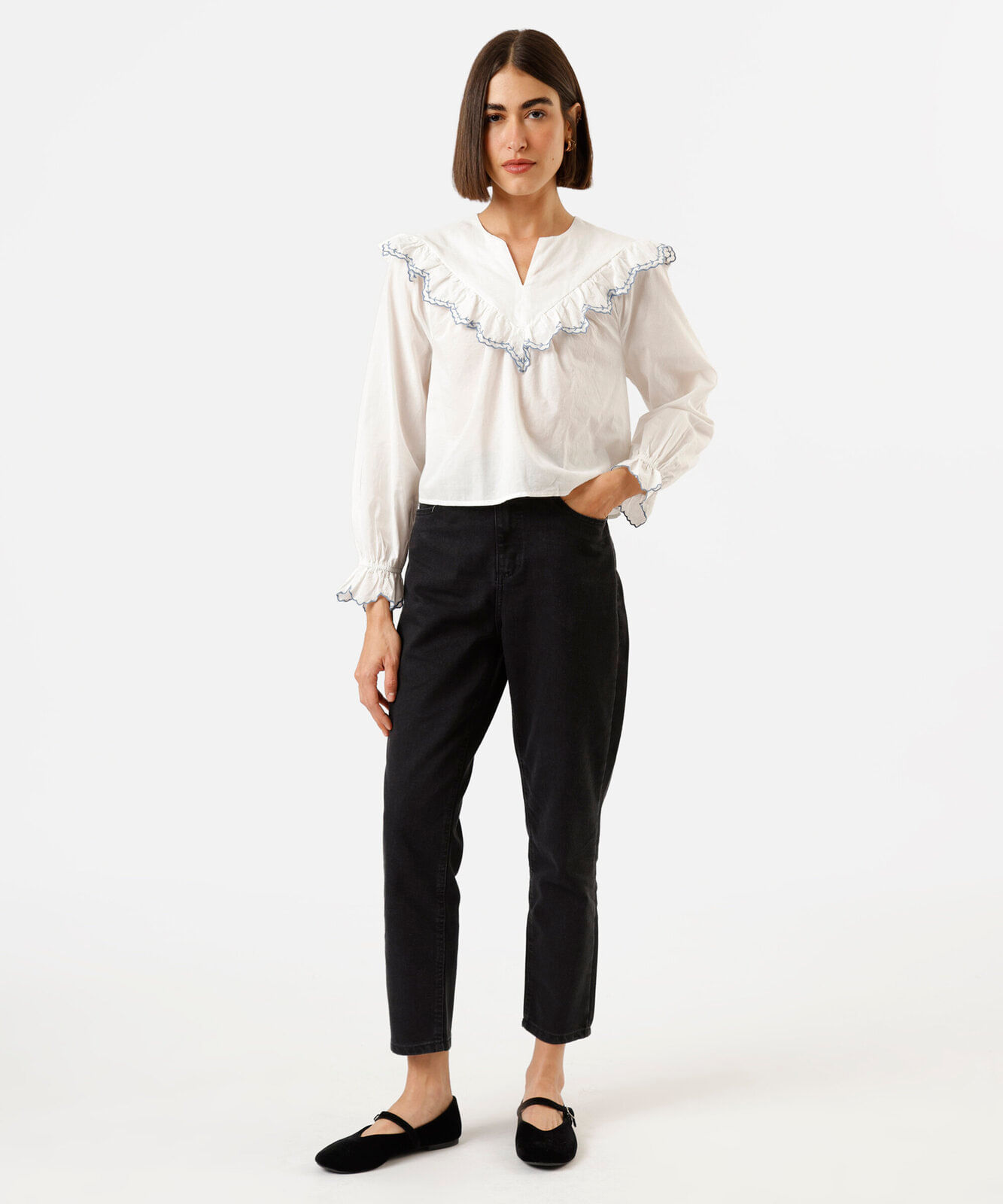 bata feminina de algodão com babados manga longa off white