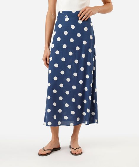 saia midi evasê feminina de viscose poá azul