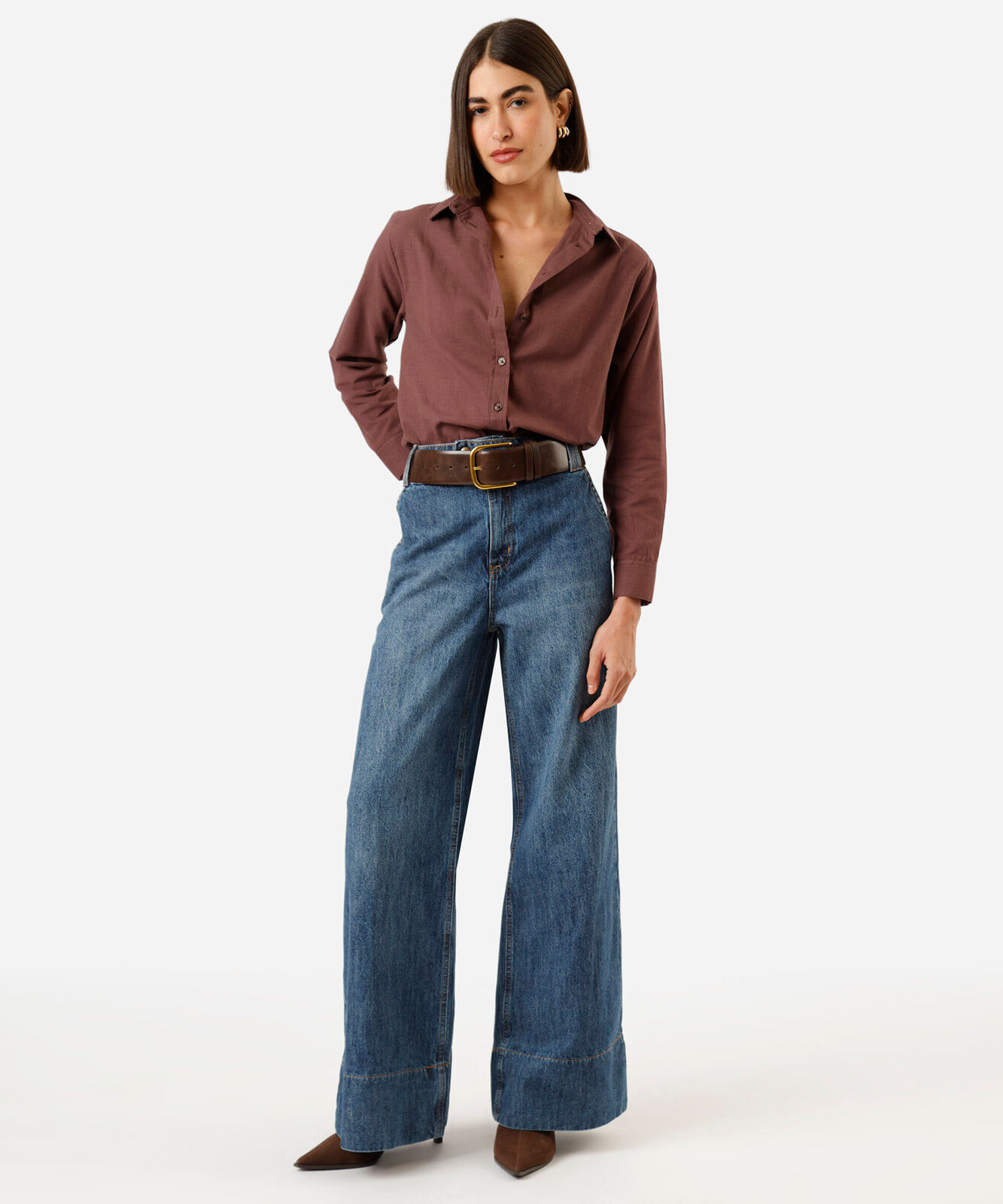 camisa feminina de algodão manga longa marrom