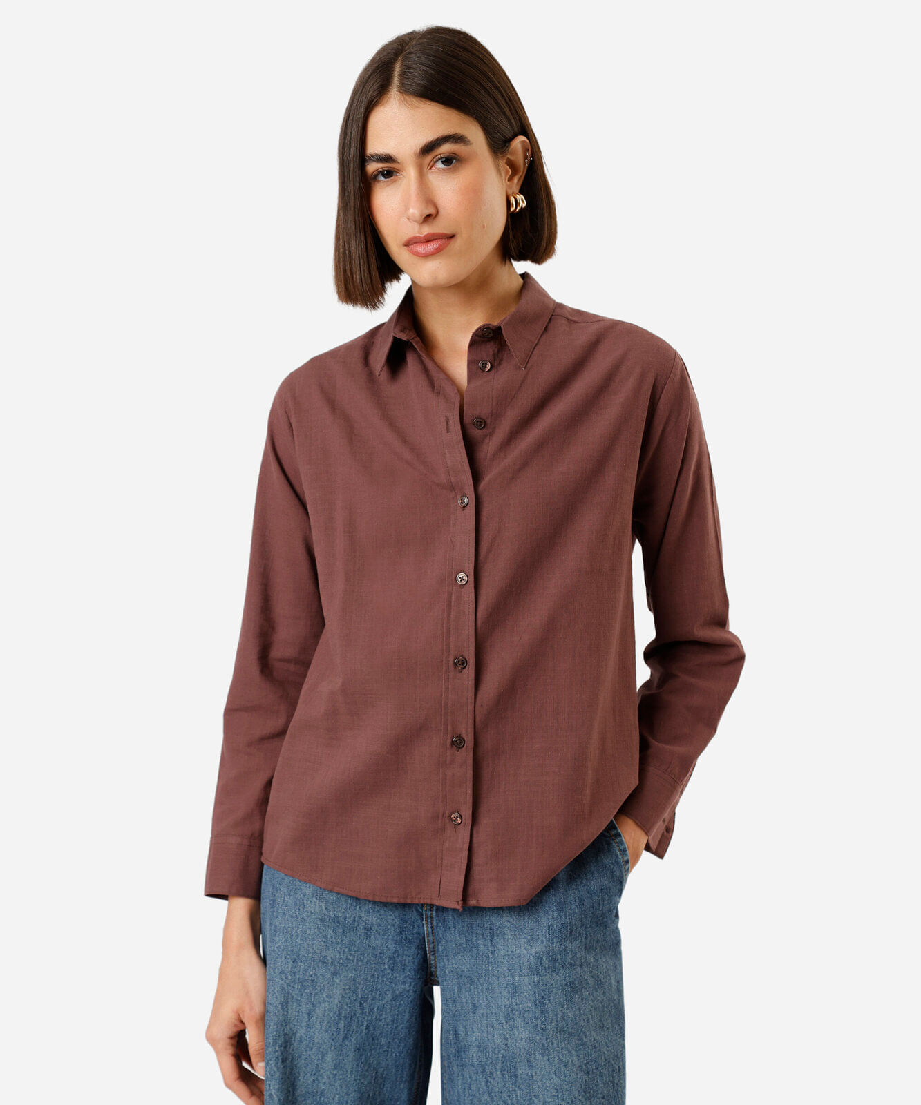 camisa feminina de algodão manga longa marrom