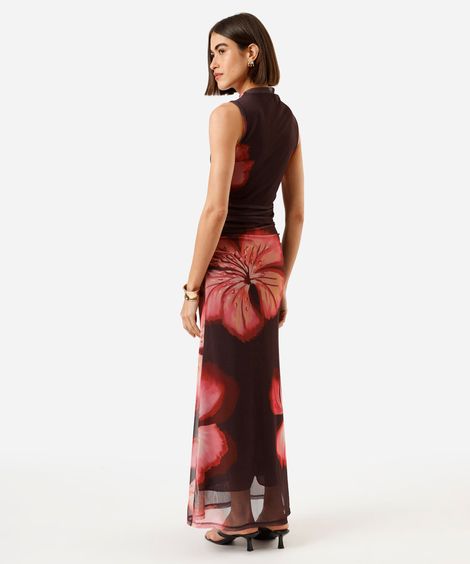 vestido longo feminino de tule gola alta floral marrom