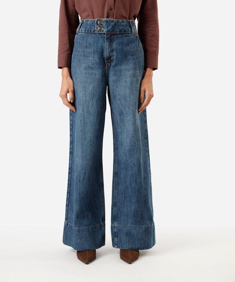 calça super wide leg feminina jeans cintura média azul