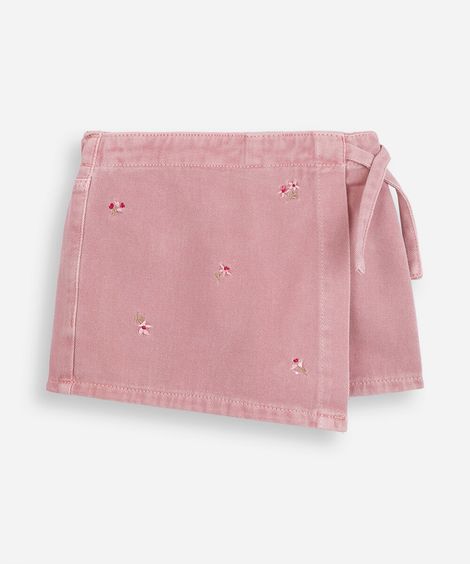 short saia infantil de sarja com bordado floral rosa