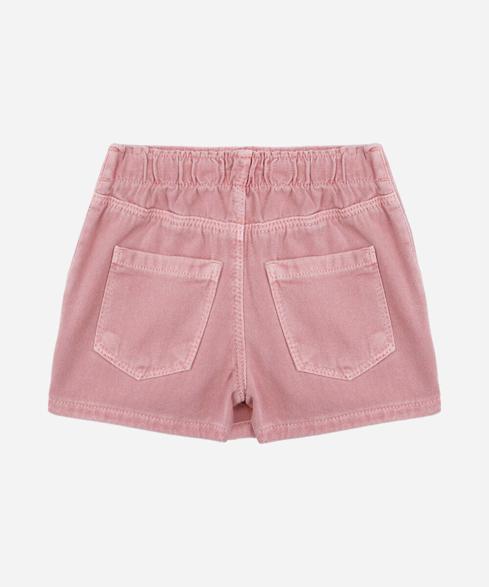 short saia infantil de sarja com bordado floral rosa