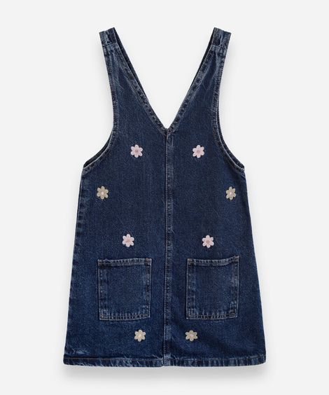 salopete infantil jeans com bordados florais azul
